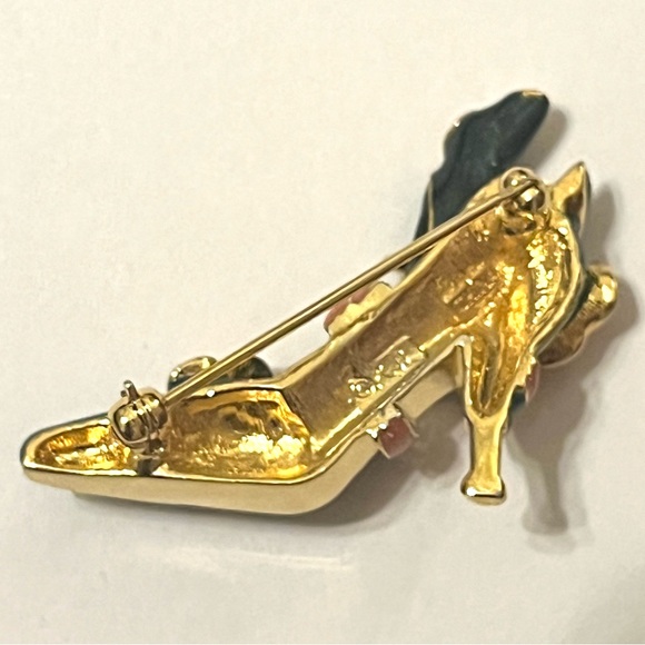 KLJ Kenneth Jay Lane Gold Tone with Green and Pink Enamel High Heel Shoe Brooch - Picture 4 of 6